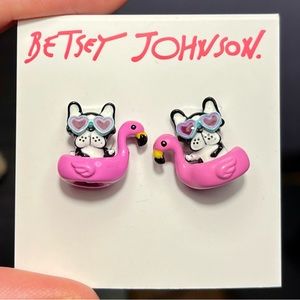 Betsey Johnson Boston terrier dog in flamingo pool float with heart sunglasses